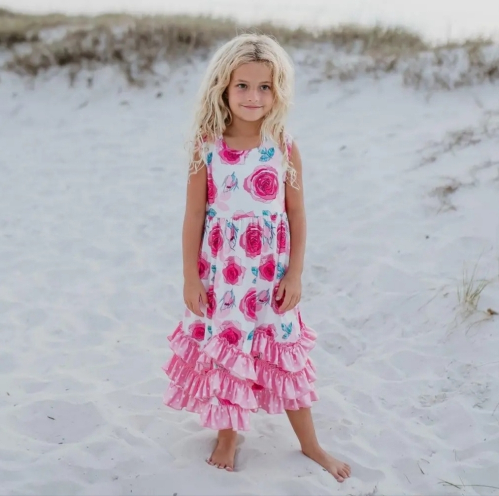 Adorable Sweetness Pink Rose 3 Ruffle Twirl Dress